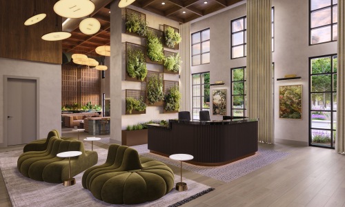 Everything within reach lobby entrance with seating and a desk