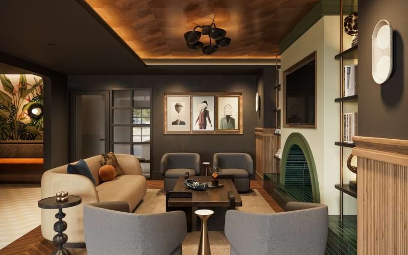 lounge with seating and fireplace