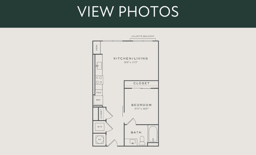 S2 - Studio floorplan layout with 1 bathroom and 643 square feet