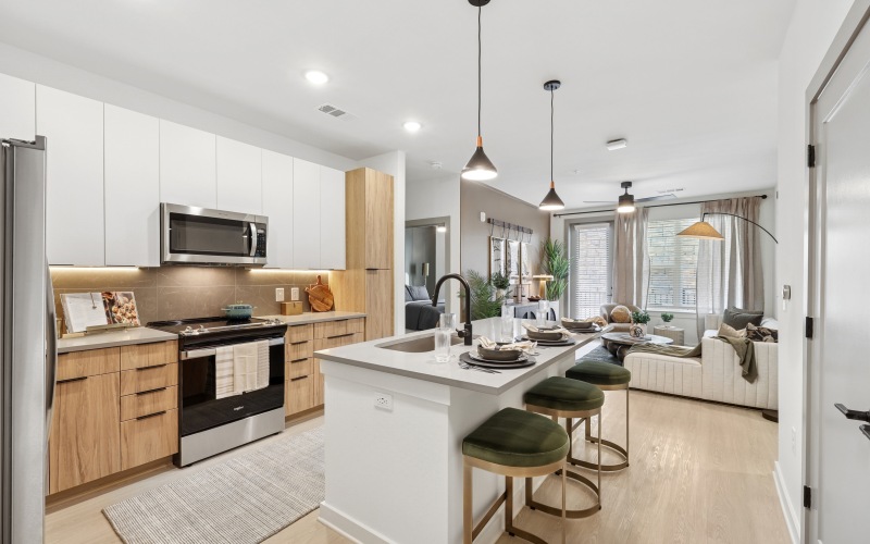 Sleek stainless-steel appliances, quartz countertops, and designer cabinetry